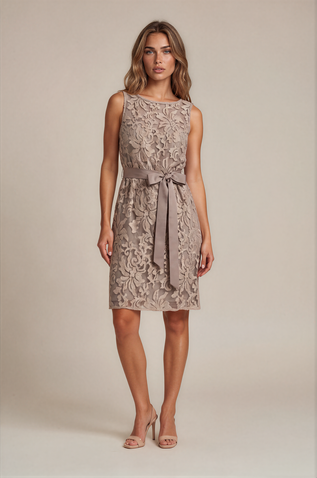 Tadashi Shoji Taupe Floral Lace Sheath Dress (Size 6)