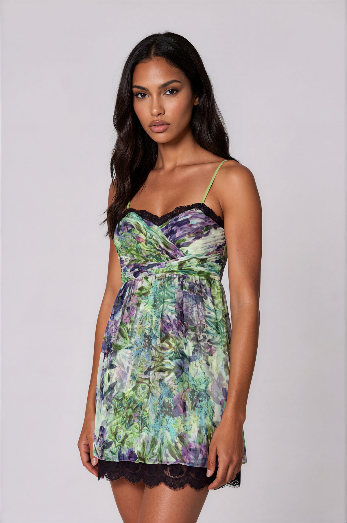 Aiden Mattox Designer Preloved 100% Silk Dress - Ethereal Sage & Violet Florals with Romantic Lace Trim (Size 8)